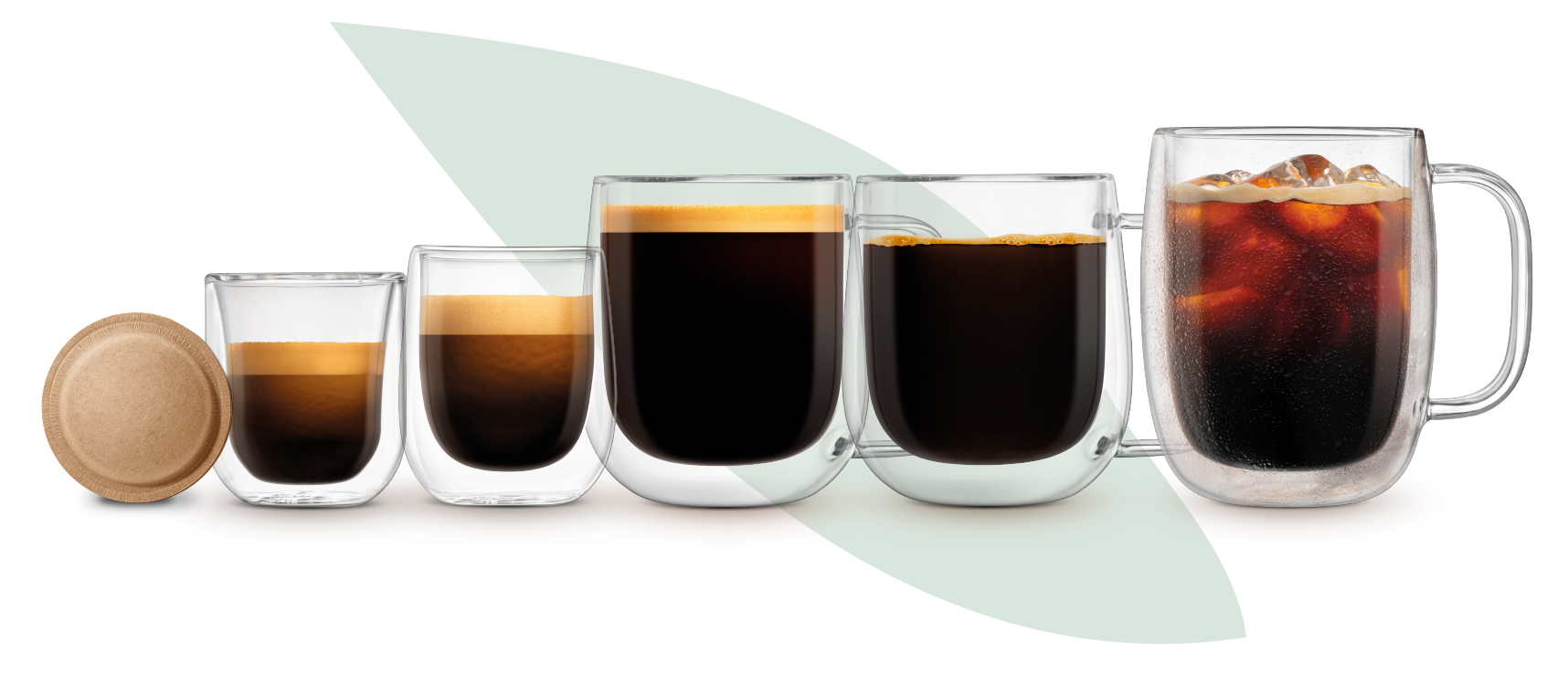 横一列に並んだコーヒーポッドとコーヒーカップ